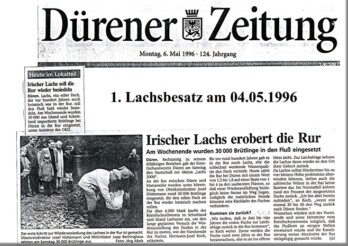 Zeitungsbericht über die Aussetzung der ersten Lachsbrütlinge am 4. Mai 1996